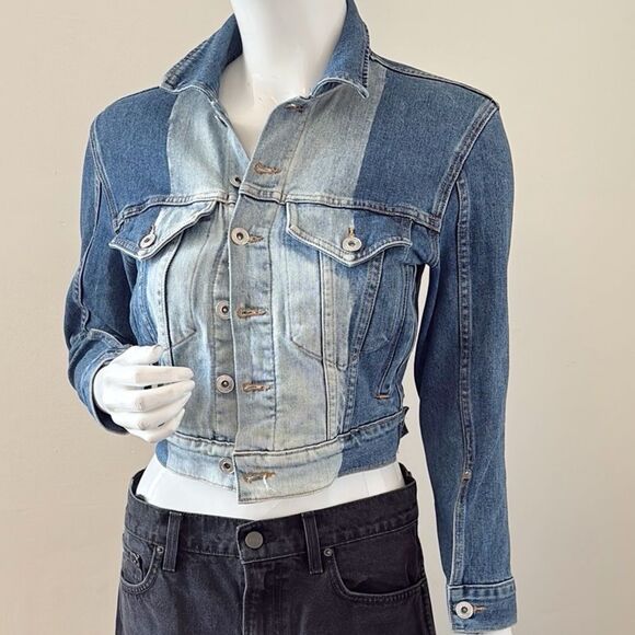 Proenza Schouler White Label PSWL Two-tone Light Wash Denim Paneled Jean Jacket - Picture 3 of 8
